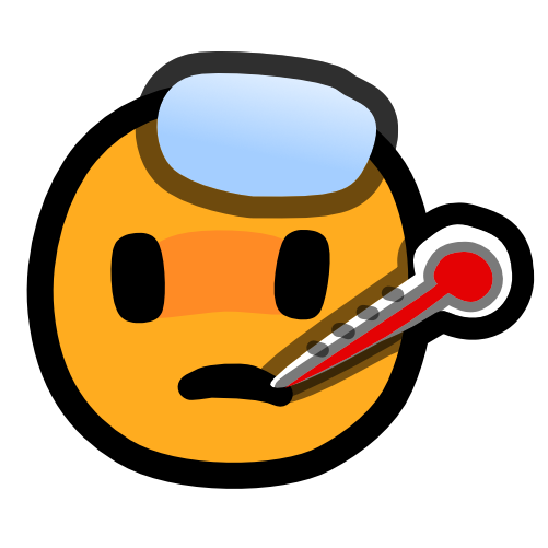 A yellow face with a sad expression, inside its mouth is a thermometer and on its forehead is some sort of ice or heat pack.